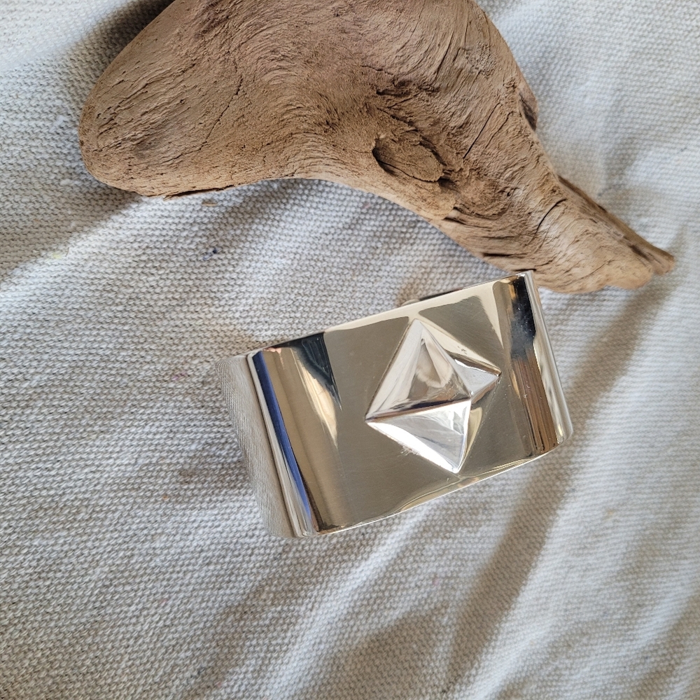 Silver plated brass spike cuff pyramid bracelet